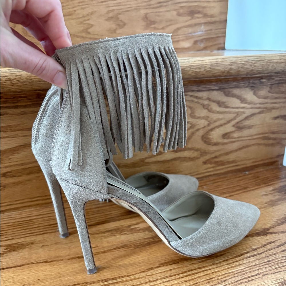 Steve Madden Leather Taupe Fringe Heels